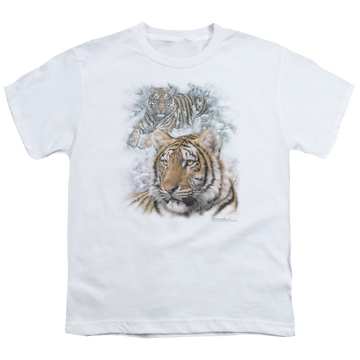 White youth t-shirt for ages 8 to 12 with Wild Wings Tigers graphic