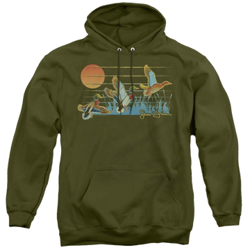 Military green pullover hoodie with Wild Wings Three Ducks graphic