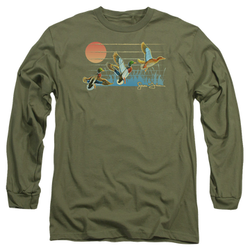 Military green men's long sleeve t-shirt with Wild Wings Three Ducks graphic