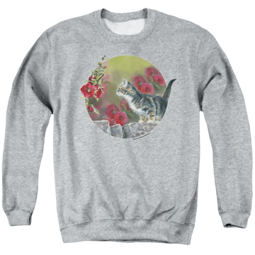Athletic heather men's crewneck sweatshirt with Wild Wings Kitten Flowers graphic