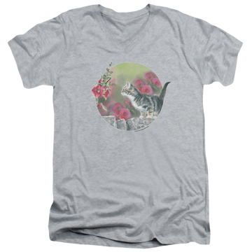 Athletic heather men's v-neck t-shirt with Wild Wings Kitten Flowers graphic