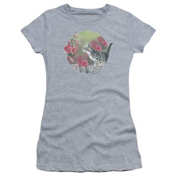 Athletic heather juniors t-shirt with Wild Wings Kitten Flowers graphic