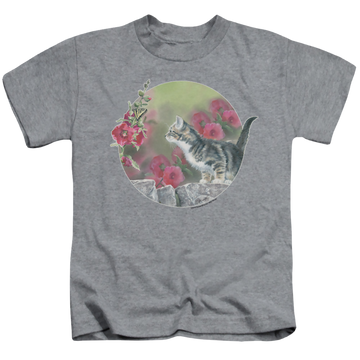 Athletic heather kid's t-shirt for ages 4 to 7 with Wild Wings Kitten Flowers graphic