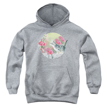 Athletic heather youth hoodie for ages 8 to 12 with Wild Wings Kitten Flowers graphic