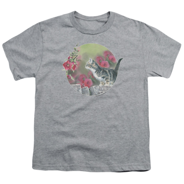 Athletic heather youth t-shirt for ages 8 to 12 with Wild Wings Kitten Flowers graphic