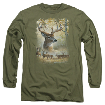 Military green men's long sleeve t-shirt with Wild Wings Bucks graphic