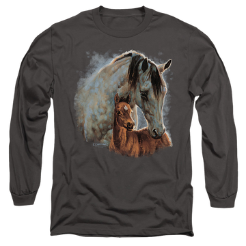 Charcoal men's long sleeve t-shirt with Wild Wings Painted Horses graphic