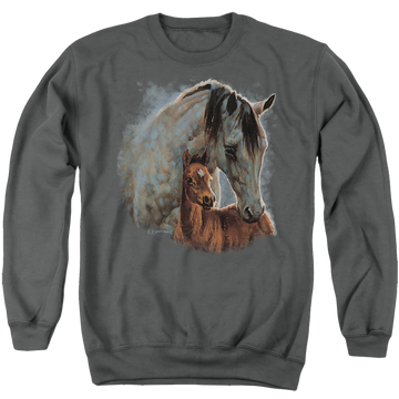 Charcoal men's crewneck sweatshirt with Wild Wings Painted Horses graphic