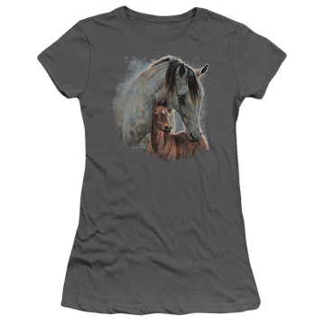 Charcoal juniors t-shirt with Wild Wings Painted Horses graphic