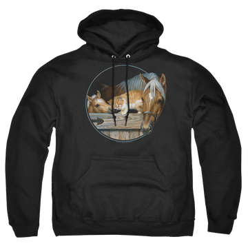 Black pullover hoodie with Wild Wings Everyone Loves Kitty graphic