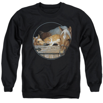 Black men's crewneck sweatshirt with Wild Wings Everyone Loves Kitty graphic