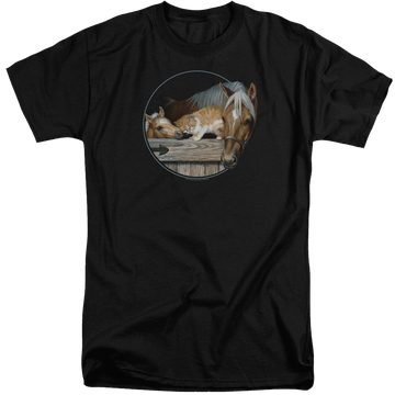Black men's tall fit t-shirt with Wild Wings Everyone Loves Kitty graphic