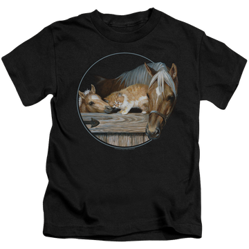Black kid's t-shirt for ages 4 to 7 with Wild Wings Everyone Loves Kitty graphic