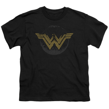 Black youth t-shirt for ages 8 to 12 with Wonder Woman Movie Distressed Logo graphic