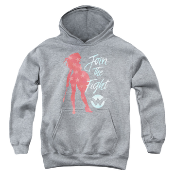 Athletic heather youth hoodie for ages 8 to 12 with Wonder Woman Movie Freedom Fight graphic