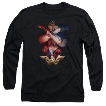 Black men's long sleeve t-shirt with Wonder Woman Movie Arms Crossed graphic