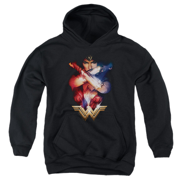 Black youth hoodie for ages 8 to 12 with Wonder Woman Movie Arms Crossed graphic