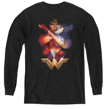 Black youth long sleeve t-shirt with Wonder Woman Movie Arms Crossed graphic