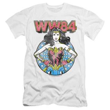 White men's premium slim fit t-shirt with Wonder Woman 1984 Star Circle graphic
