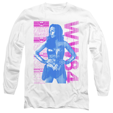 White men's long sleeve t-shirt with Wonder Woman 1984 Truth Love And Justice graphic