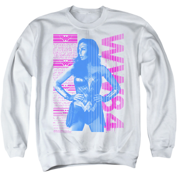 White men's crewneck sweatshirt with Wonder Woman 1984 Truth Love And Justice graphic