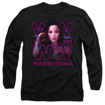 Black men's long sleeve t-shirt with 1984 Vaporwave Wonder Woman graphic