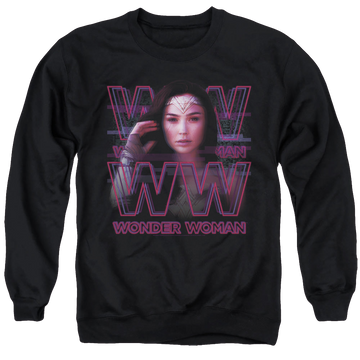 Black men's crewneck sweatshirt with 1984 Vaporwave Wonder Woman graphic