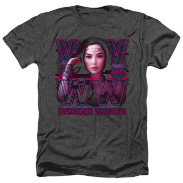 Charcoal men's heather t-shirt with 1984 Vaporwave Wonder Woman graphic