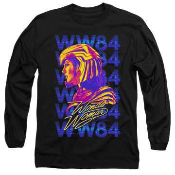 Black men's long sleeve t-shirt with Wonder Woman 1984 Ww84 Repeat graphic
