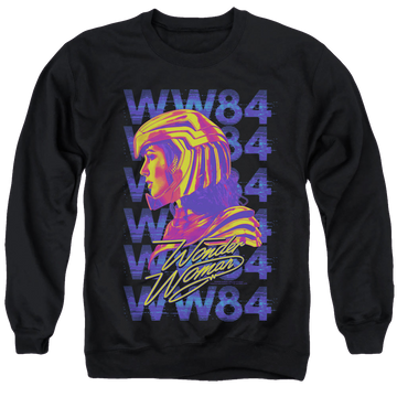 Black men's crewneck sweatshirt with Wonder Woman 1984 Ww84 Repeat graphic
