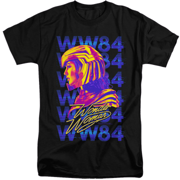 Black men's tall fit t-shirt with Wonder Woman 1984 Ww84 Repeat graphic