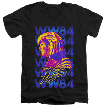 Black men's v-neck t-shirt with Wonder Woman 1984 Ww84 Repeat graphic