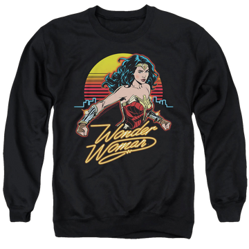Black men's crewneck sweatshirt with Wonder Woman 1984 Skyline graphic