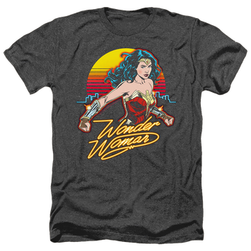 Black men's heather t-shirt with Wonder Woman 1984 Skyline graphic