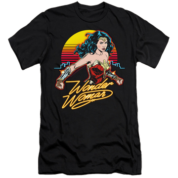 Black men's premium slim fit t-shirt with Wonder Woman 1984 Skyline graphic