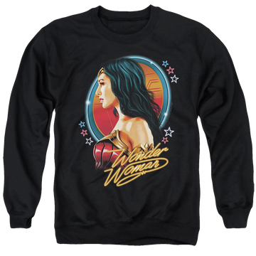 Black men's crewneck sweatshirt with Wonder Woman 1984 Warrior 84 graphic