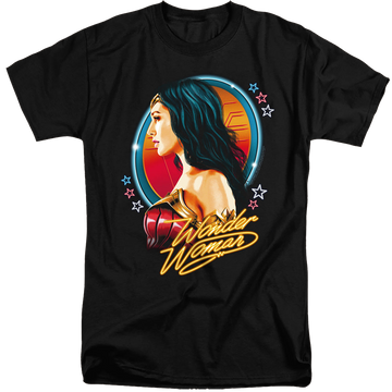 Black men's tall fit t-shirt with Wonder Woman 1984 Warrior 84 graphic