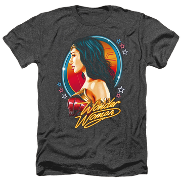 Black men's heather t-shirt with Wonder Woman 1984 Warrior 84 graphic