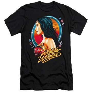 Black men's premium slim fit t-shirt with Wonder Woman 1984 Warrior 84 graphic