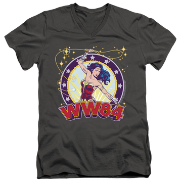 Charcoal men's v-neck t-shirt with Wonder Woman 1984 Lasso Star graphic