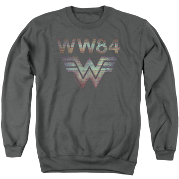 Charcoal men's crewneck sweatshirt with Wonder Woman 1984 Static Tv Lines graphic