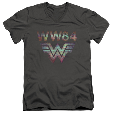 Charcoal men's v-neck t-shirt with Wonder Woman 1984 Static Tv Lines graphic