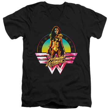 Black men's v-neck t-shirt with Wonder Woman 1984 Color Pop graphic