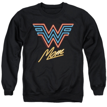 Black men's crewneck sweatshirt with Wonder Woman 1984 Wonder Mom Neon graphic