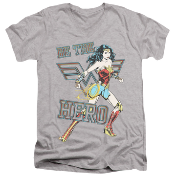 Athletic heather men's v-neck t-shirt with Wonder Woman 1984 Be The Hero graphic