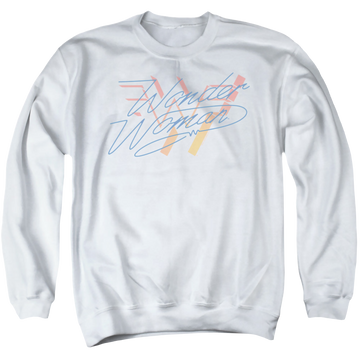 White men's crewneck sweatshirt with Wonder Woman 1984 Wonder Fade graphic