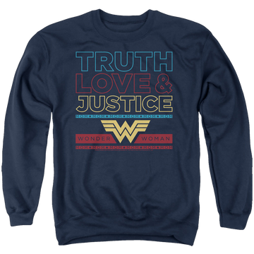 Navy men's crewneck sweatshirt with Wonder Woman 1984 Truth Love Justice graphic