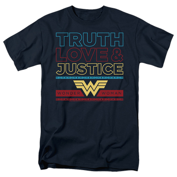 Navy men's regular fit t-shirt with Wonder Woman 1984 Truth Love Justice graphic