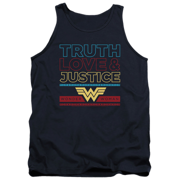Navy men's tank with Wonder Woman 1984 Truth Love Justice graphic