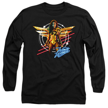 Black men's long sleeve t-shirt with Wonder Woman 1984 Space Poster graphic